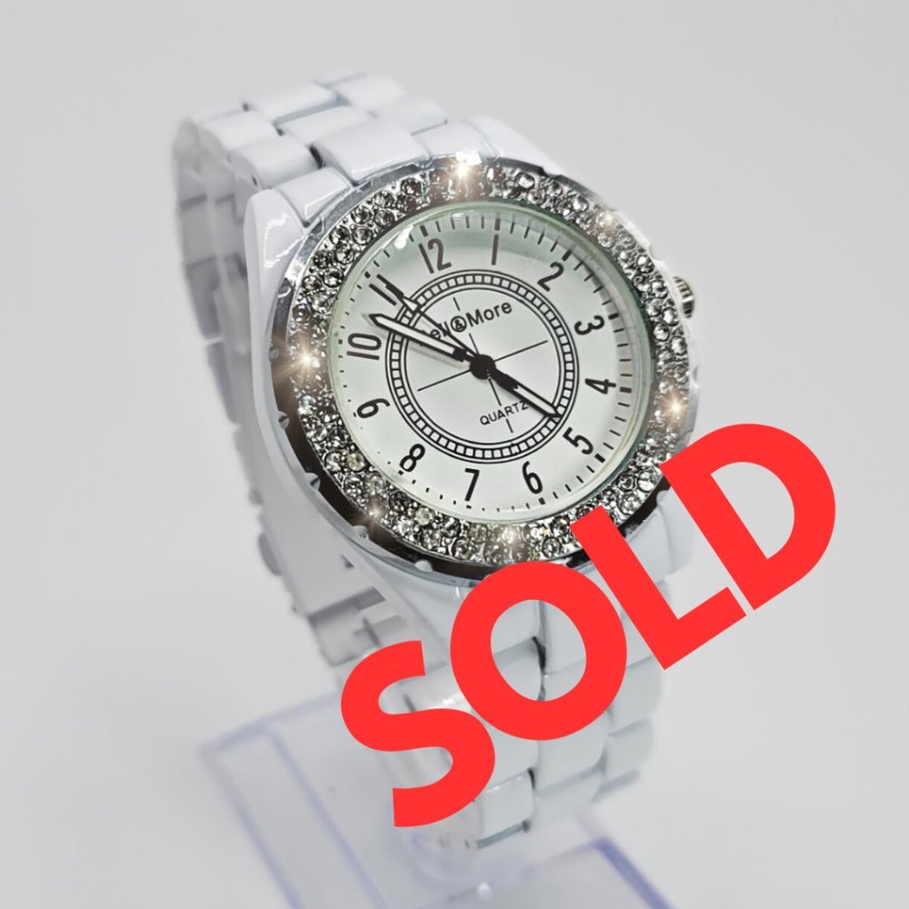 Bell & More Designer 39mm White Crystal Bezel Quartz Watch (Chanel J12)